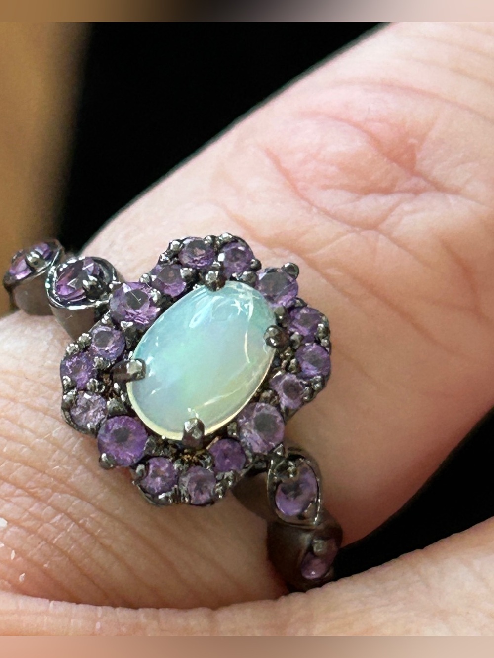 Elegant  Genuine Opal and Amethyst Halo Ring - Rhodium plated over sterling